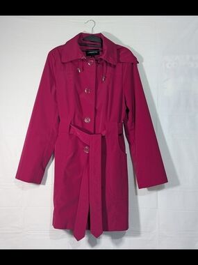London Fog Trench Coat Women's Large Pink Fuchsia Belted Hooded Rain Coat Detach
